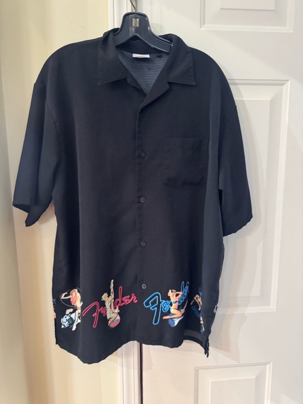 Hard Rock Cafe Black Short-Sleeve Button-Up Shirt with Neon Hem Graphics